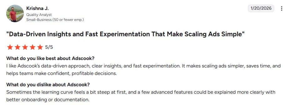 Adscook review praising its data-driven insights and fast experimentation for scaling ads.