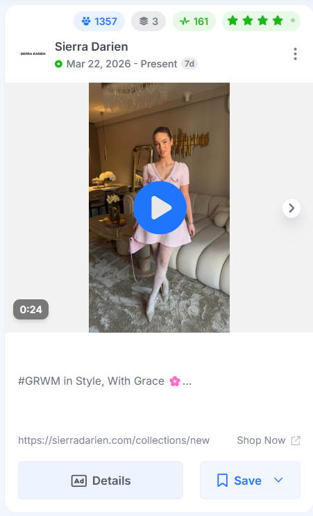 ierra Darien Facebook video ad using a Get Ready With Me lifestyle format.