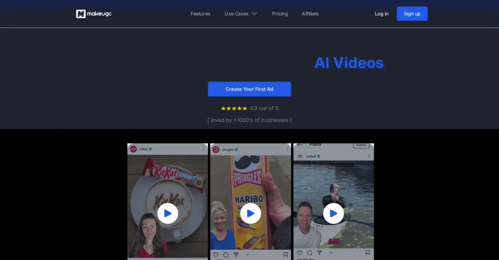 MakeUGC homepage showing a 'Create Your First Ad' CTA, 4.9-star rating, and sample AI-generated UGC video ads for KitKat, Pringles, and Red Bull.