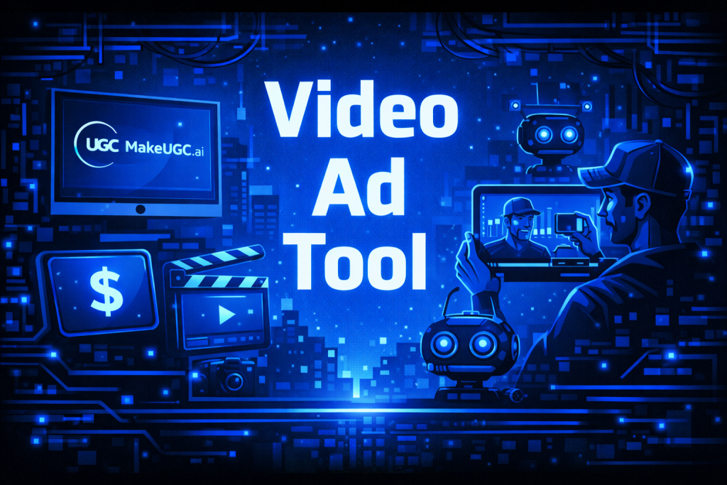 MakeUGC.ai Video Ad Tool, illustrated banner showing an AI-assisted creator filming UGC-style video ads against a futuristic blue digital cityscape