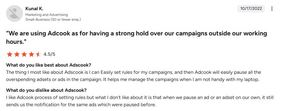 Adscook review highlighting automated rules that pause overspending ads after hours.
