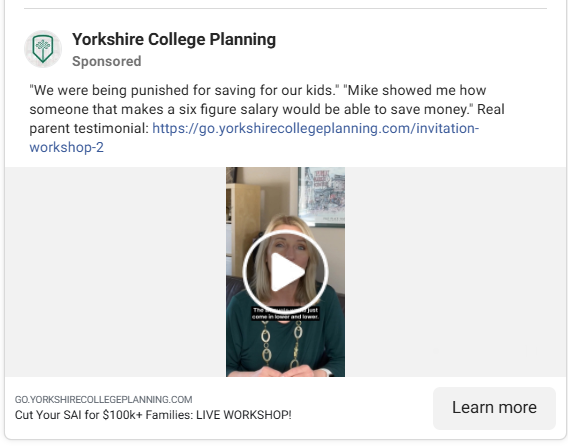 Yorkshire College Planning Facebook video ad featuring a satisfied parent speaking to the camera.