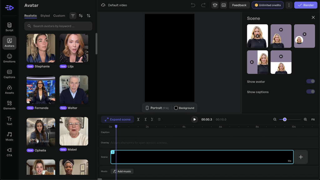 Creatify's avatar selection interface showing realistic AI presenters including Stephanie, Lilja, Fernanda, Walter, Ophelia, and Mabel, with a video timeline editor and scene panel on the right.