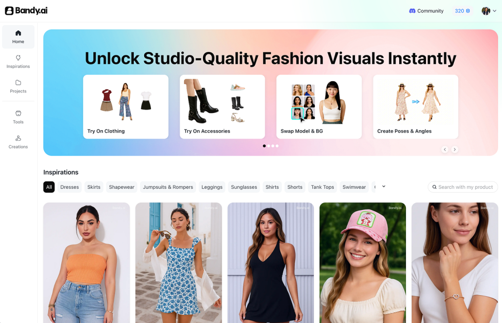Bandy.ai homepage displaying four AI fashion tools: Try On Clothing, Try On Accessories, Swap Model & BG, and Create Poses & Angles.