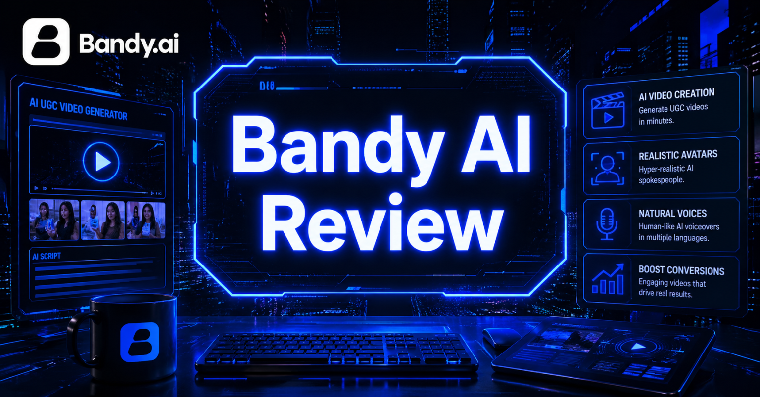 Bandy AI promotional banner reading "Bandy AI Review" featuring a film reel, clapperboard, and UGC-style smartphone footage on a dark blue circuit-board background.