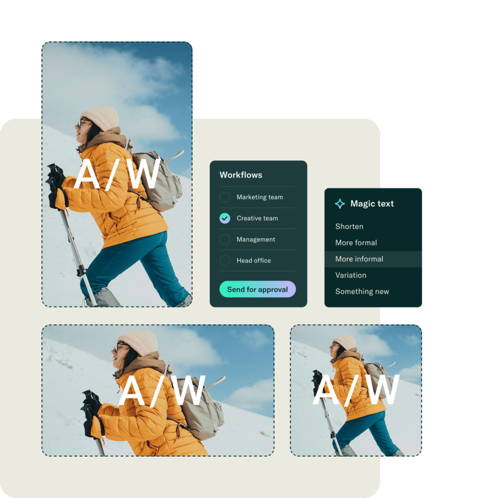 Pixis UI showing an 'A/W' winter campaign image adapted across three size variants, alongside a Workflows team-approval panel with a 'Send for approval' button and a 'Magic text' rewrite menu.