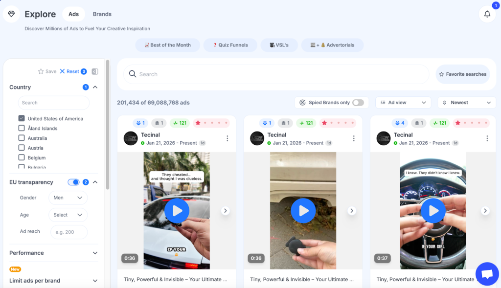 GetHookd's Explore Ads interface with country and EU transparency filters applied, surfacing Tecinal's active Meta video ad creatives.