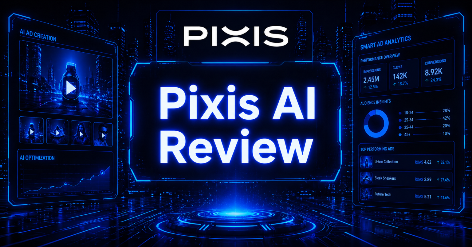 Cyberpunk-style blog header image with “Pixis AI Review” centered in glowing blue text, surrounded by futuristic ad analytics dashboards and the Pixis logo on a dark tech background. 