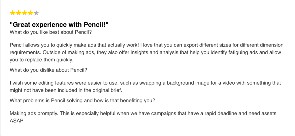 A 4-star G2 rating on Pencil AI.