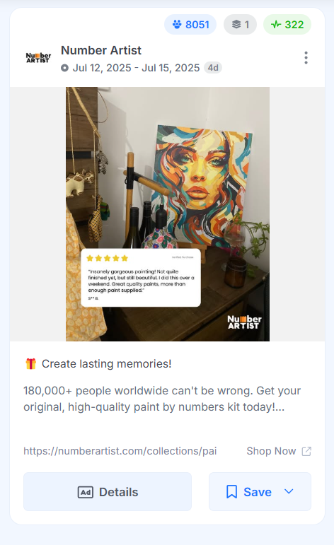 Number Artist Facebook ad featuring a five-star customer review overlaid on a finished artwork.