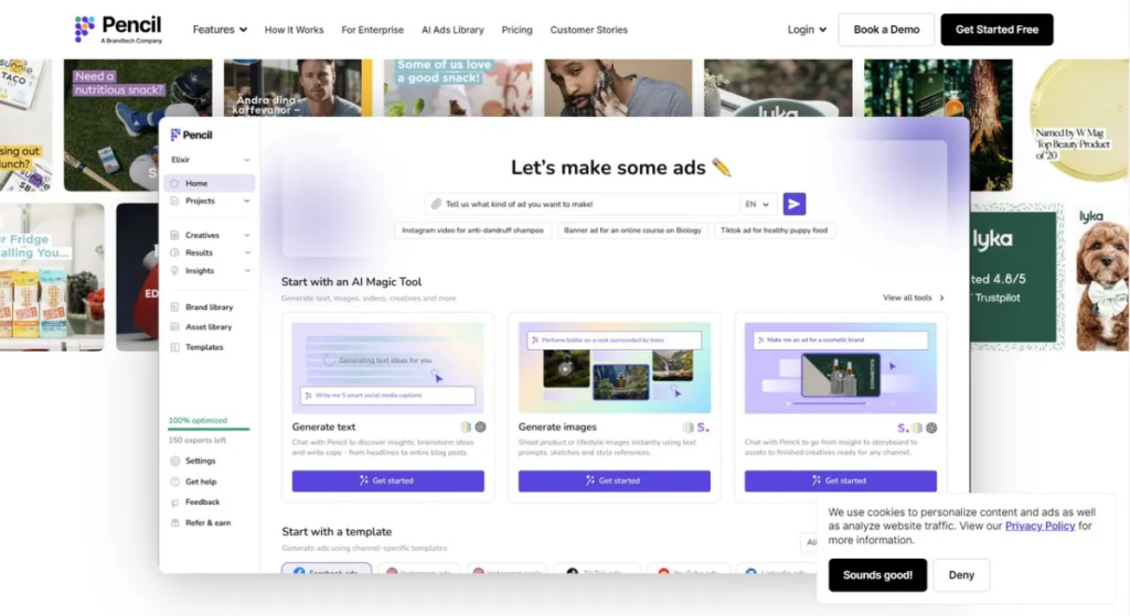 Pencil AI dashboard homepage displaying "Let's make some ads" headline with Generate Text, Generate Images, and AI Creative tools under the AI Magic Tool section.