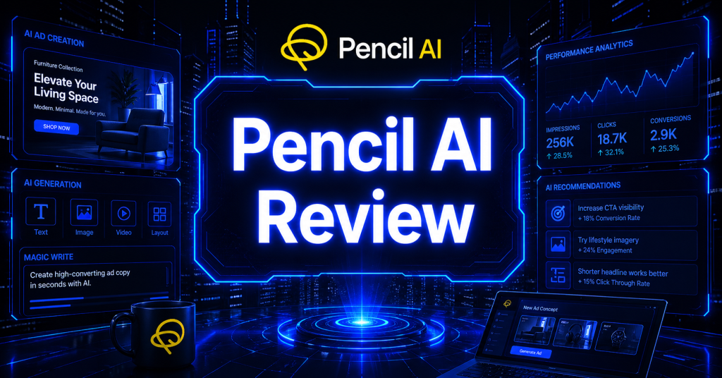Cyberpunk-style header image with “Pencil AI Review” in glowing blue text, featuring the Pencil AI logo and futuristic ad creation dashboards on a dark tech background.