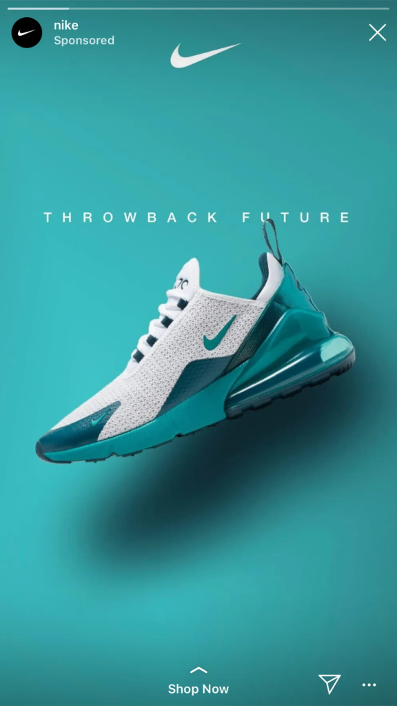 Nike sponsored Story ad: white-and-teal Air Max 270 floating on saturated teal background with "THROWBACK FUTURE" tagline and "Shop Now" CTA