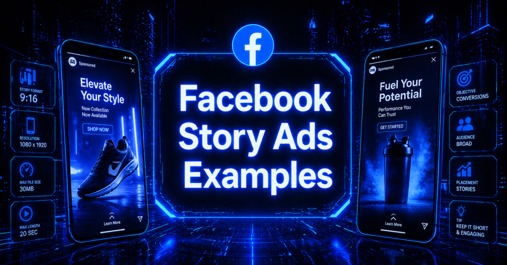 Cyberpunk-style header image with “Facebook Story Ads Examples” in glowing blue text, featuring two smartphone ad mockups and a Facebook icon on a futuristic dark tech background.