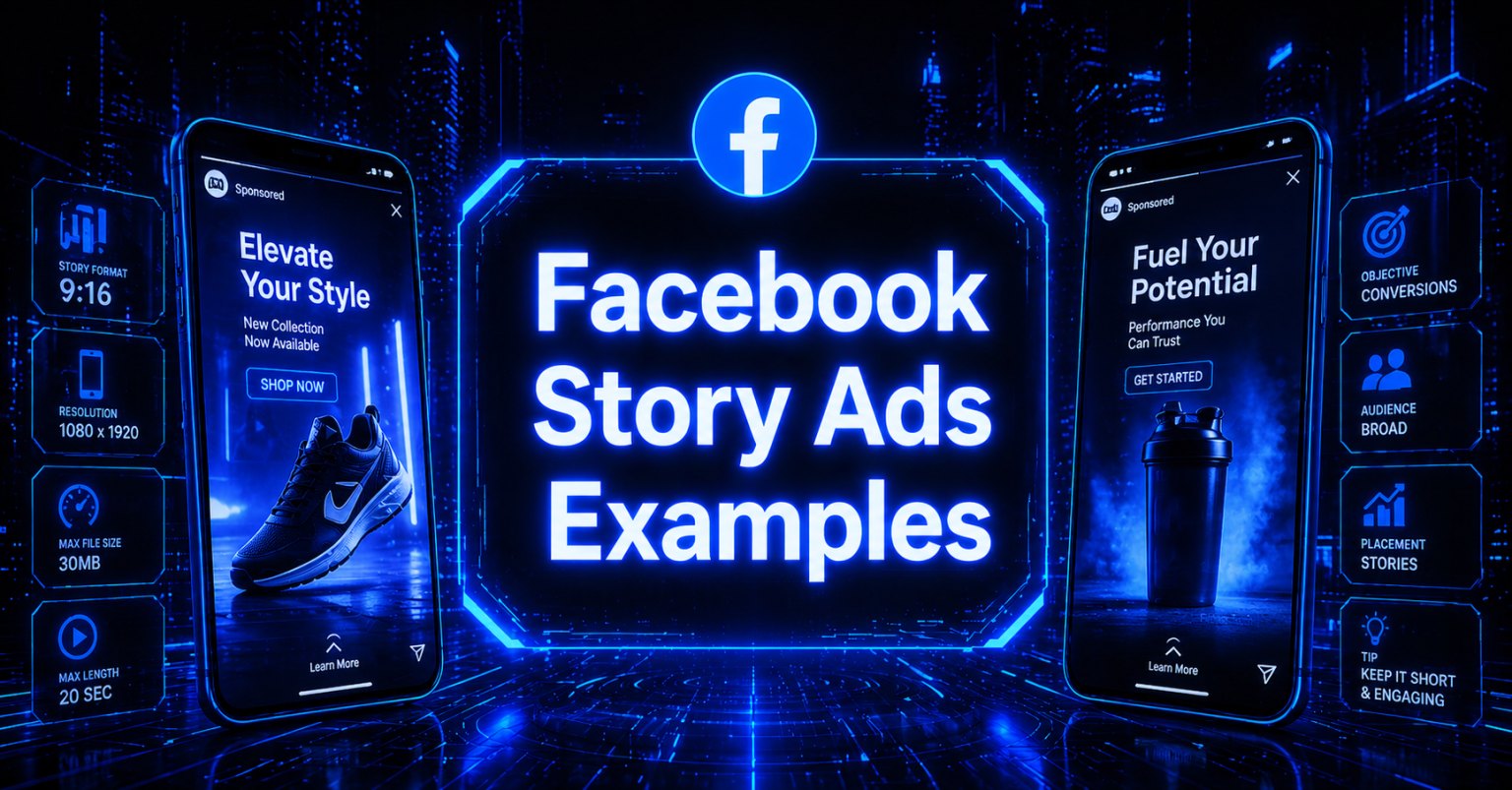 Cyberpunk-style header image with “Facebook Story Ads Examples” in glowing blue text, featuring two smartphone ad mockups and a Facebook icon on a futuristic dark tech background. 