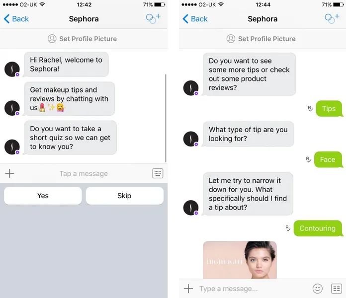 Two side-by-side screenshots of Sephora's Facebook Messenger chatbot quiz, showing a welcome message with Yes and Skip buttons on the left and follow-up questions about tips, face, and contouring preferences on the right.