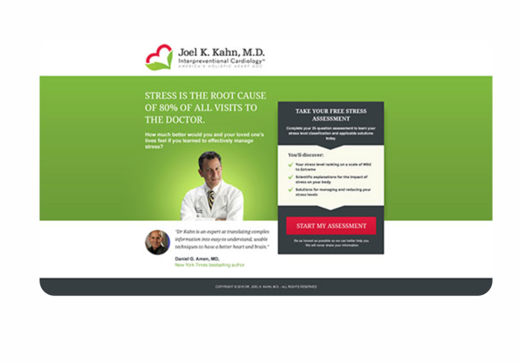 Dr. Joel Kahn's stress quiz landing page featuring the headline "Stress Is the Root Cause of 80% of All Visits to the Doctor," a Take Your Free Stress Assessment panel with benefit bullet points, and a red Start My Assessment CTA button.