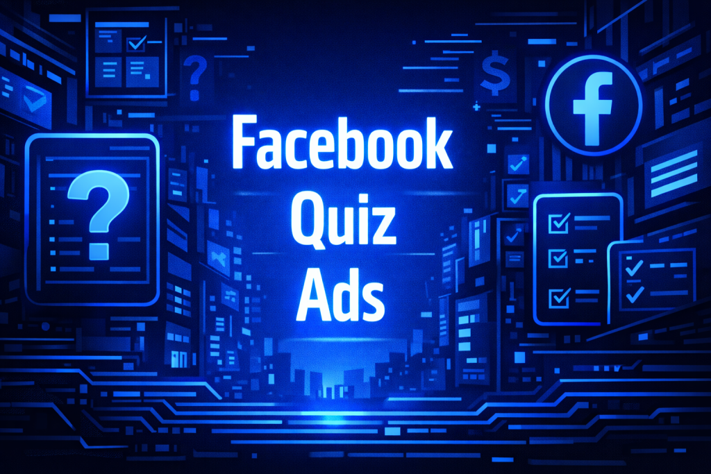 "Facebook Quiz Ads" title graphic set against a glowing blue digital cityscape, surrounded by question mark cards, checklist icons, and the Facebook logo.