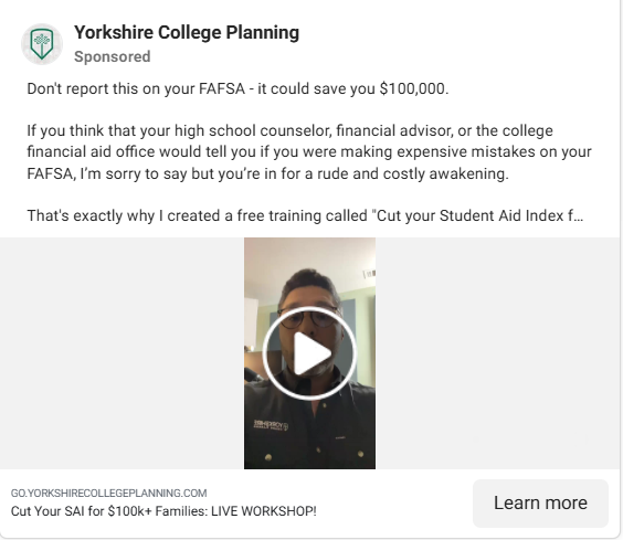 Yorkshire College Planning Facebook video ad with a host promoting a free FAFSA workshop.