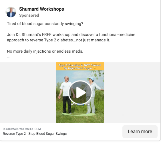 Shumard Workshops Facebook video ad promoting a free Type 2 diabetes workshop