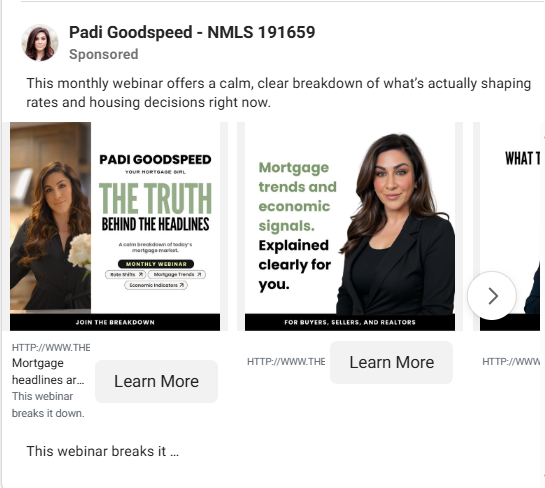 Padi Goodspeed Facebook carousel webinar ad for a monthly mortgage webinar featuring multiple cards with different angles.