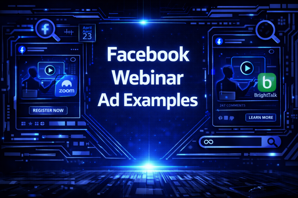 Facebook webinar ad examples title graphic featuring video webinar promos, registration CTAs, and glowing blue ad mockups.
