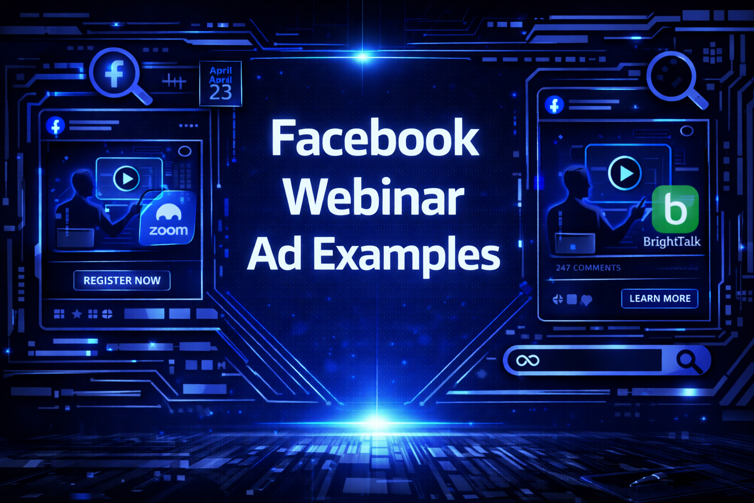 Facebook webinar ad examples title graphic featuring video webinar promos, registration CTAs, and glowing blue ad mockups.