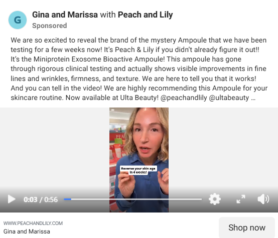 Peach and Lily Reels ad featuring a creator holding a product and hooking the audience with a bold claim: Reverse your skin age in 4 weeks.