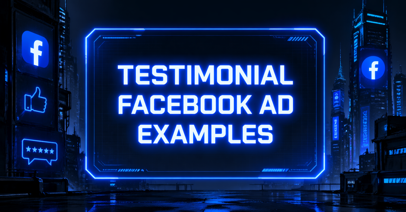 Testimonial Facebook Ad Examples graphic with a thumbs up, five-star review bubble, and Facebook logos against a dark futuristic city background.