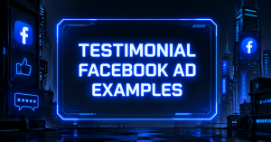Testimonial Facebook Ad Examples graphic with a thumbs up, five-star review bubble, and Facebook logos against a dark futuristic city background.