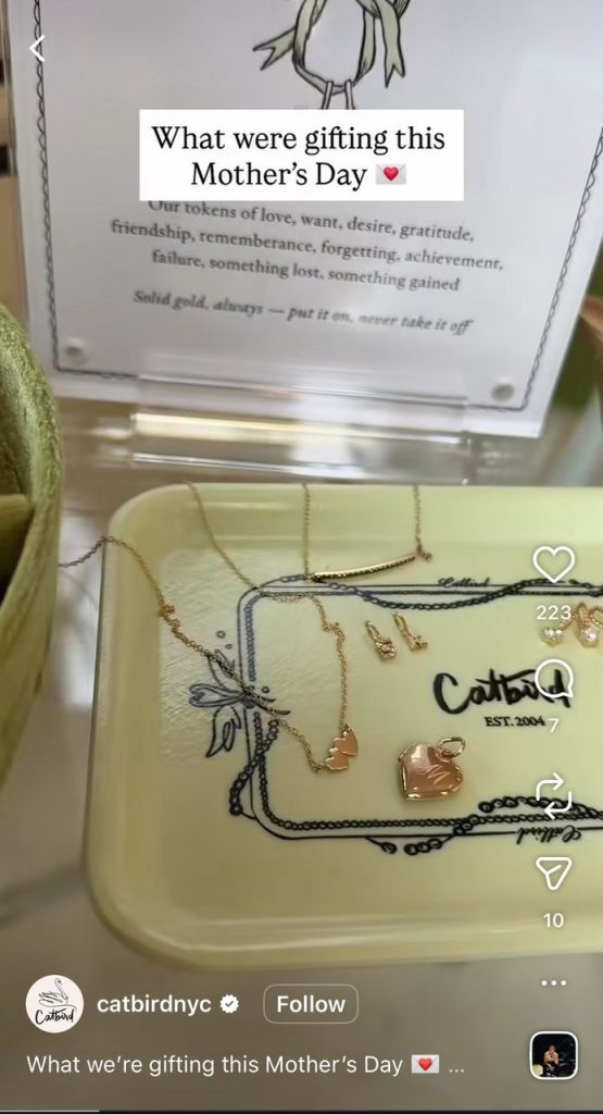 Catbird NYC Instagram ad featuring a Mother's Day jewelry display with gold necklaces, charms, and earrings.