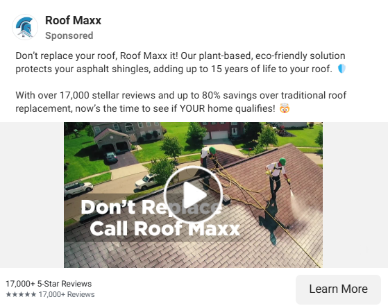 Roof Maxx’s before-and-after ad showing workers applying a protective treatment to an asphalt roof.