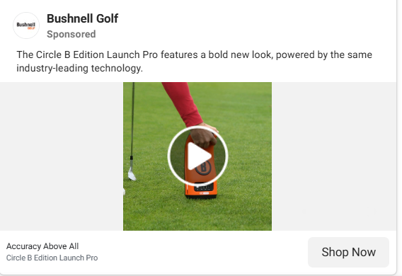 Bushnell Golf Reels ad featuring the Circle B Edition Launch Pro on a golf course with a Shop Now button.
