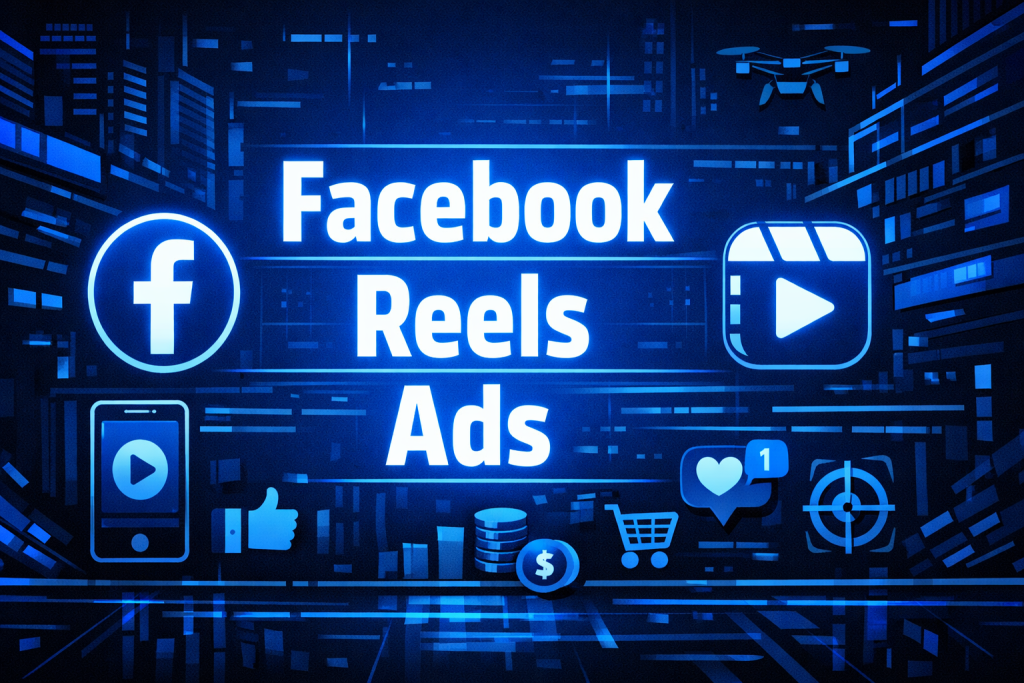 Cyberpunk digital scene with neon blue interface elements, smartphone visuals, and social media icons highlighting Facebook Reels ads in a futuristic setting.