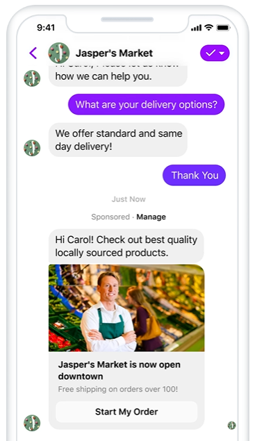 Facebook Messenger retargeting ad from Jasper's Market offering free shipping on orders over $100 with a Start My Order button.