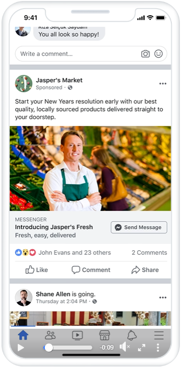 Facebook click-to-Messenger direct sales ad from Jasper's Market introducing Jasper's Fresh home delivery with a Send Message button.
