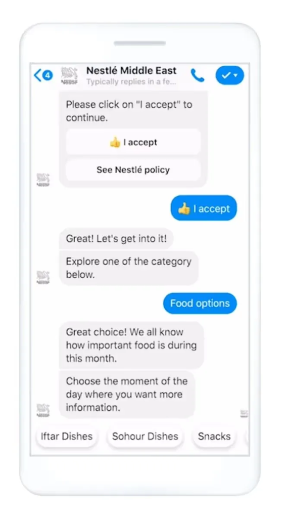 Messenger chatbot ad from Nestlé Middle East offering food category options, including Iftar Dishes, Sohour Dishes, and Snacks.
