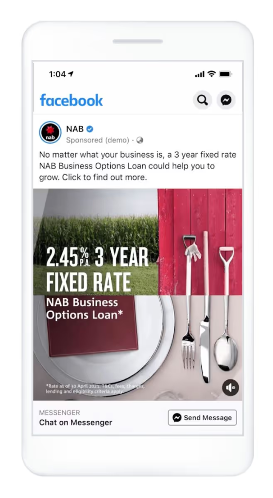 Facebook lead gen Messenger ad from NAB promoting a 2.45% fixed rate business loan with a Send Message button.