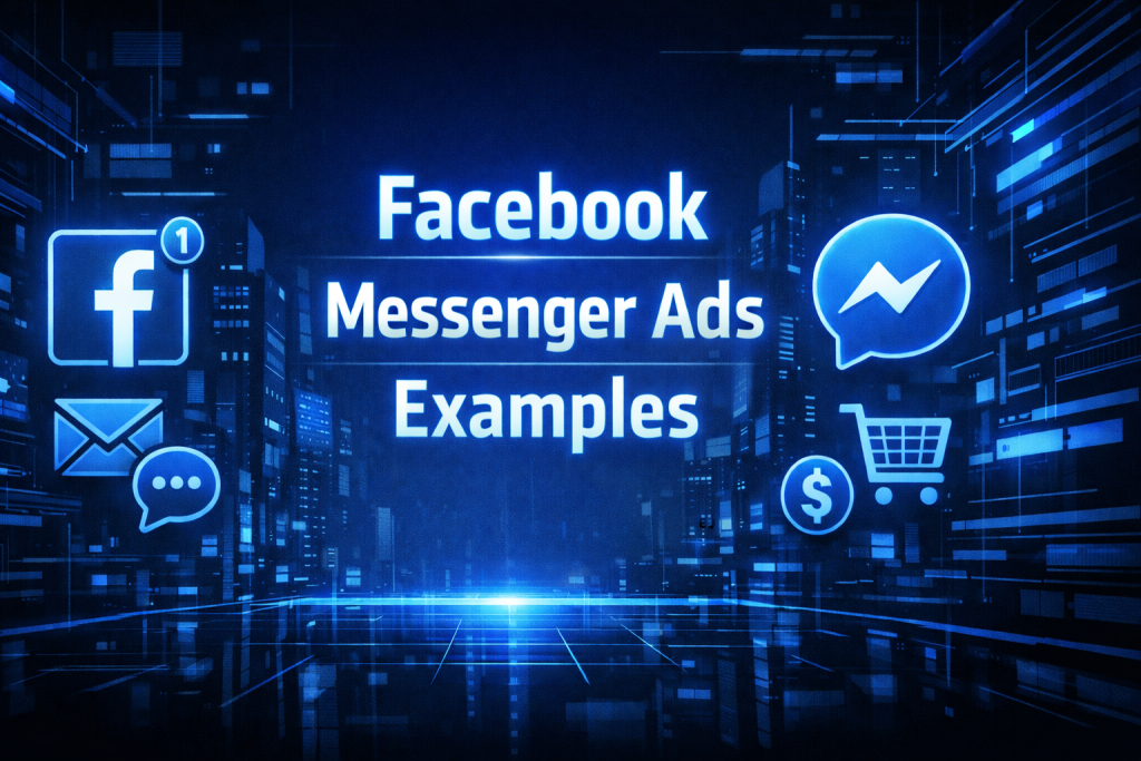 Facebook Messenger Ads Examples graphic with Facebook and Messenger icons in a digital cityscape.