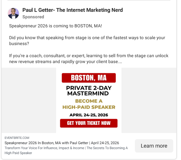 Facebook event ad for Speakpreneur 2026 featuring Paul L Getter as the primary hook