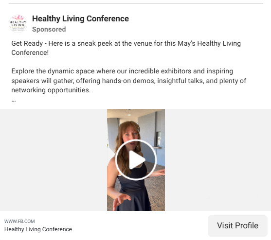 Facebook event ad for Healthy Living Conference showing an organizer walking through the venue.