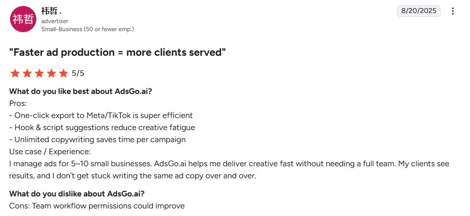 A 5-star G2 review for AdsGo.ai titled "Faster ad production = more clients served," listing pros like unlimited copywriting and reduced creative fatigue.