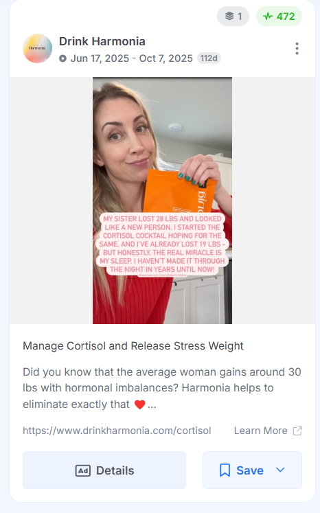 Alt text: Drink Harmonia UGC-style video ad featuring a customer holding the product with a testimonial quote on screen.