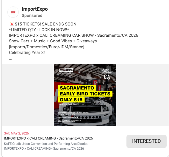 Facebook event ad for ImportExpo Sacramento car show, featuring $15 early-bird tickets.