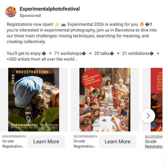 Facebook carousel event ad for Experimental 2026 Photo Festival in Barcelona.