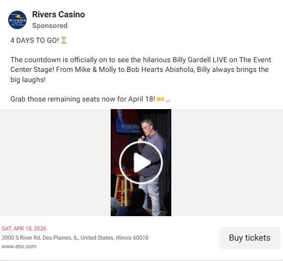 Facebook countdown event ad creating urgency for Billy Gardell at Rivers Casino.