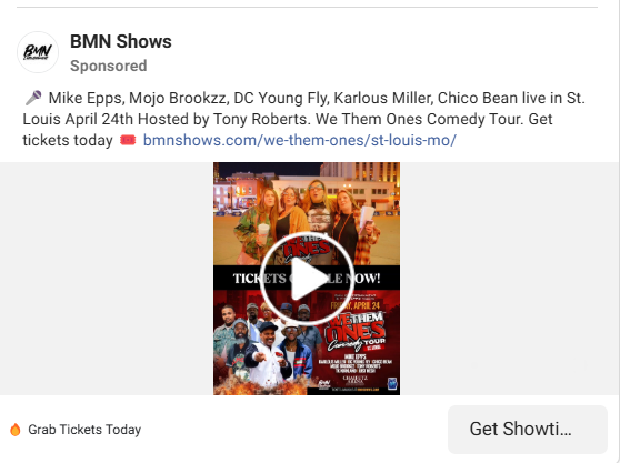 Facebook video ad for We Them Ones Comedy Tour featuring Mike Epps and fellow comedians.