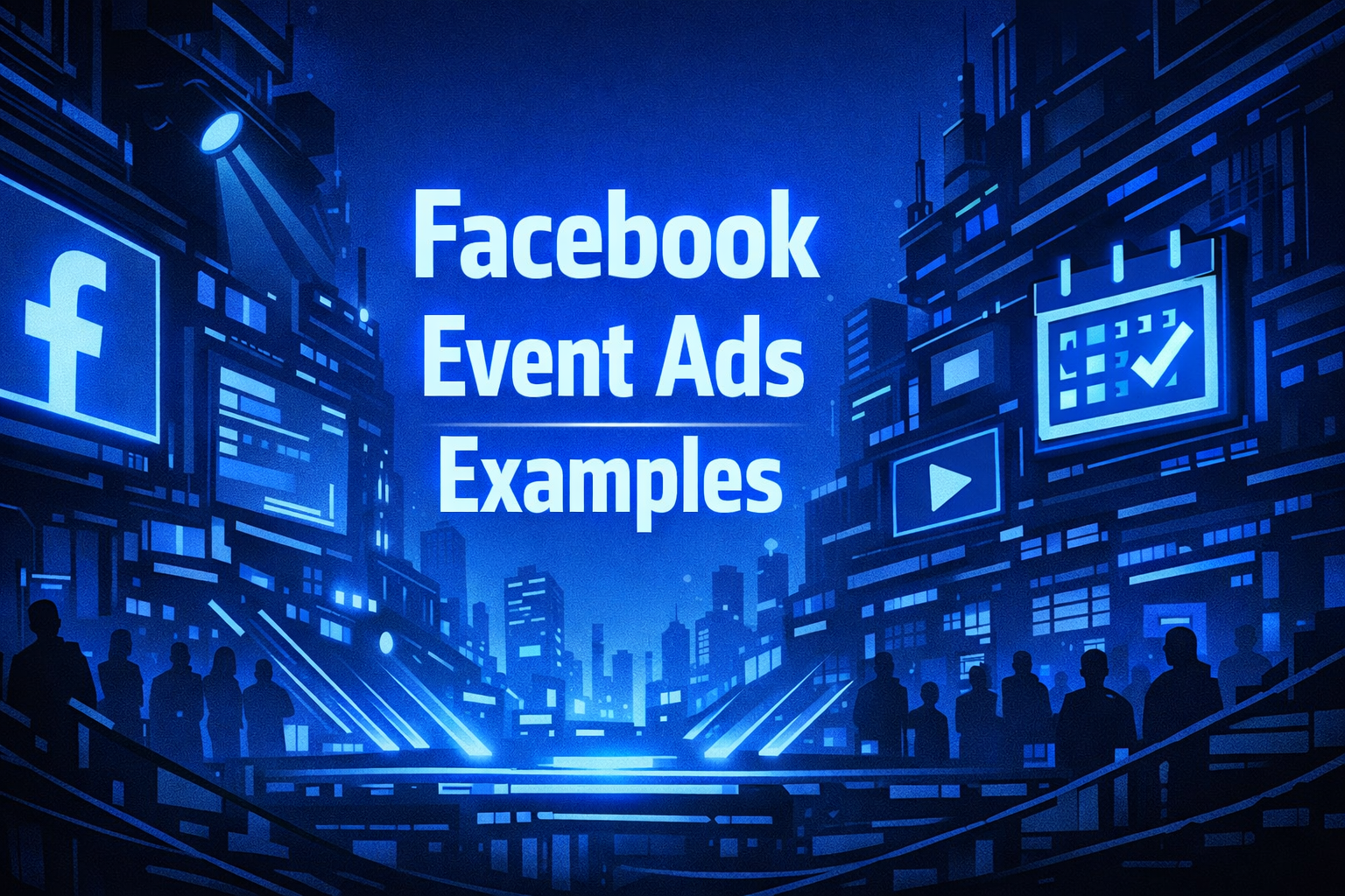 Cyberpunk-style illustration for Facebook event ads examples, surrounded by futuristic blue city screens and social media icons.
