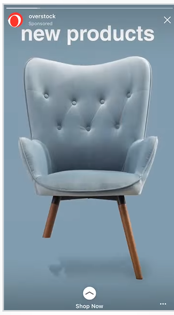 Overstock Instagram Story ad featuring a light blue tufted accent chair with wooden legs.