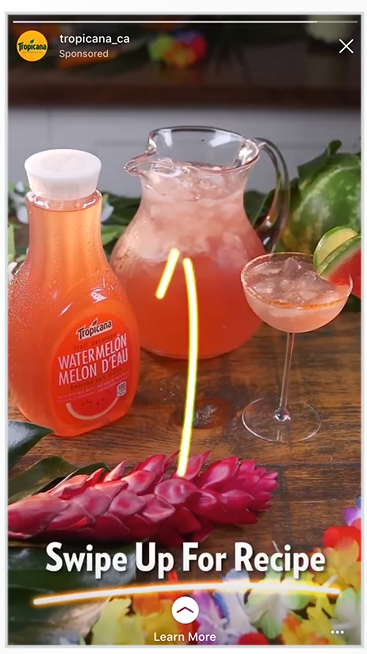 Tropicana Story ad featuring a watermelon juice bottle, pitcher, and cocktail glass with a recipe prompt.